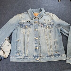 Levi Strauss & Co Womens Light Wash Denim Trucker Jacket Floral Eyelet Size L